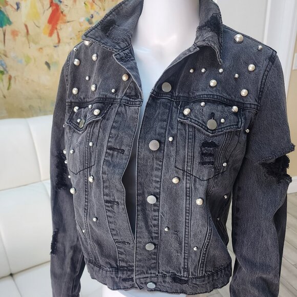Tinsel Jackets & Blazers - TINSEL Women’s Distressed Black Denim Jacket with Pearl Accents - Size S
